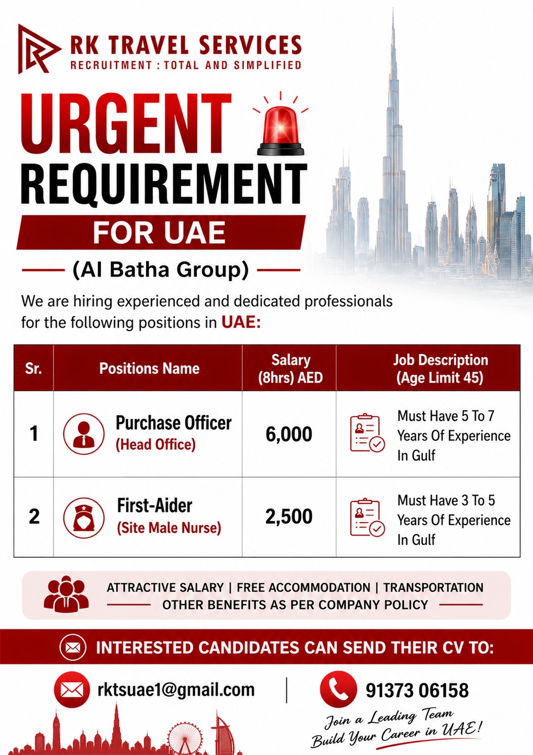 Urgent Requirement for UAE — RK Travel Services, UAE, UAE