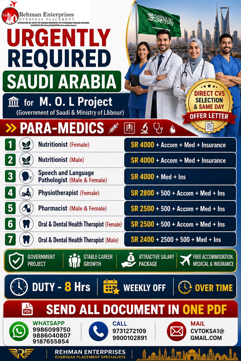 Para-Medics for M.O.L Project — Rehman Enterprises, Saudi Arabia, Saudi Arabia