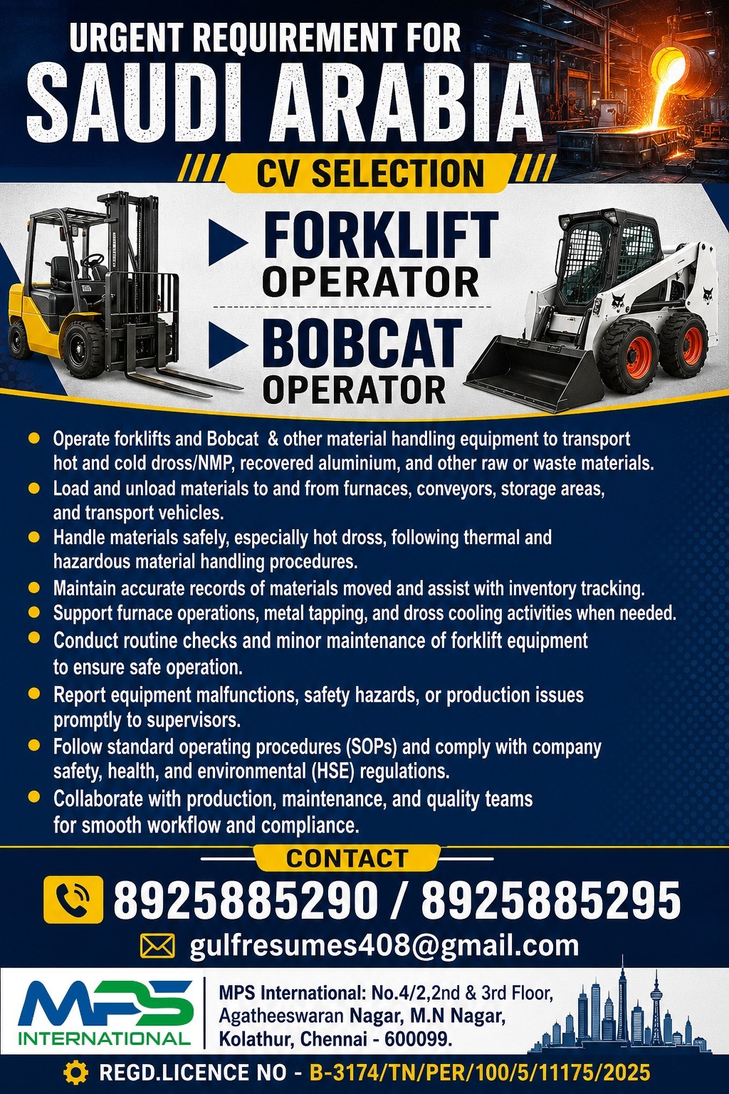 Forklift Operator & Bobcat Operator — MPS INTERNATIONAL, Saudi Arabia