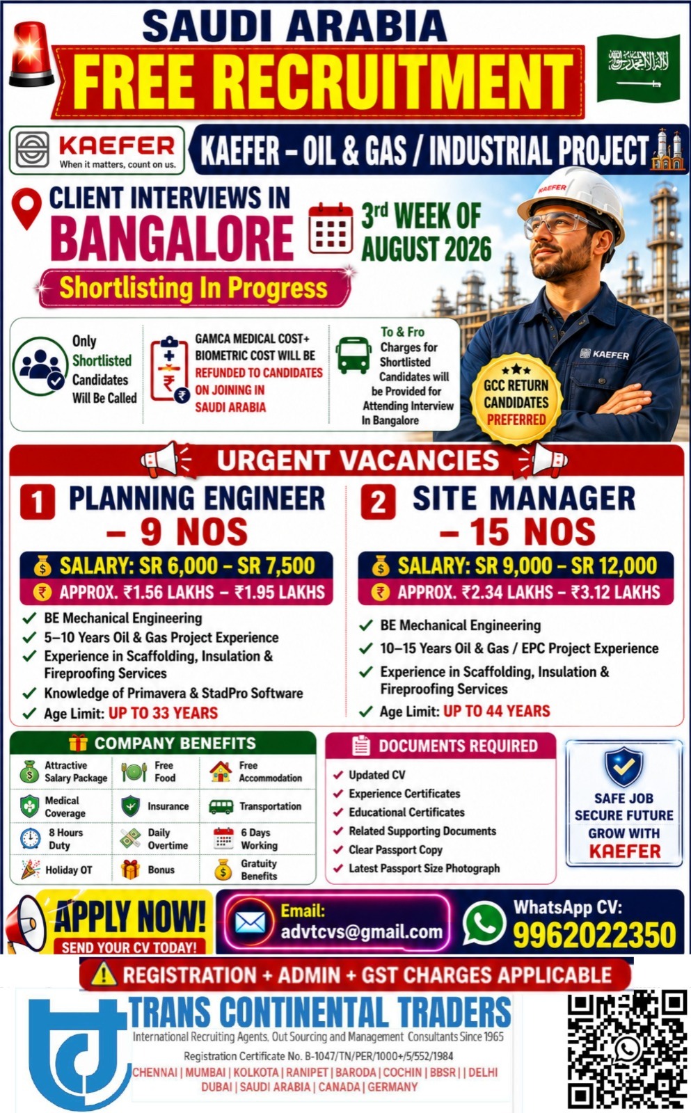 FREE RECRUITMANT KAEFER – Oil & Gas / Industrial Project Client Interviews In Bangalore | Shortlisting In Progress Call For More Details 9791553048