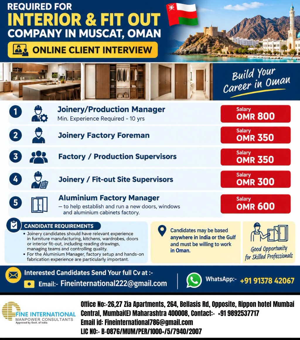 Interior & Fit Out Company - Multiple Positions — FINE INTERNATIONAL MANPOWER, Oman