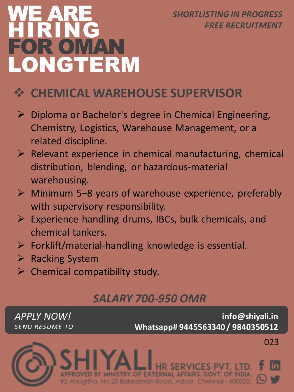 Chemical Warehouse Supervisor