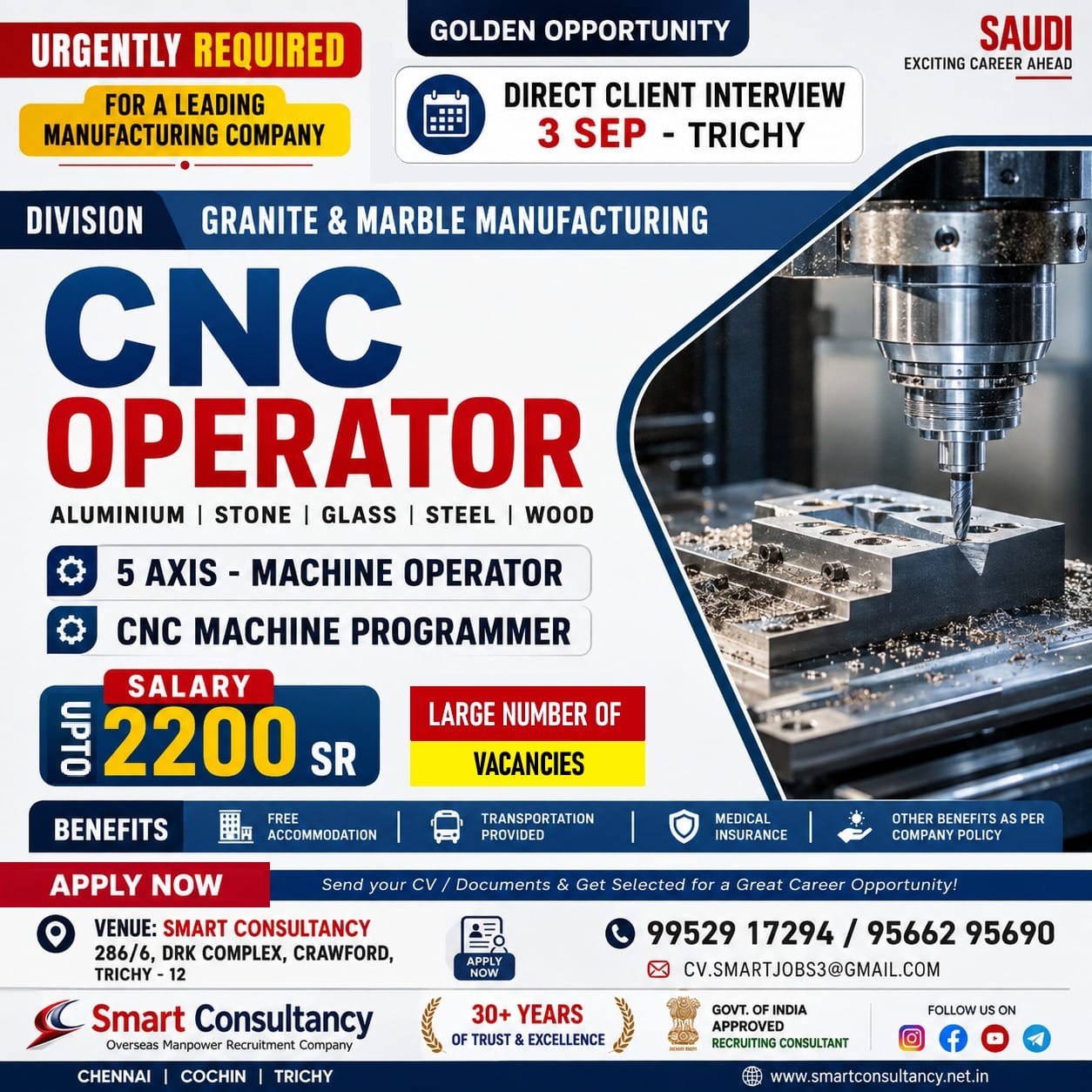 Saudi Arabia CNC Career Opportunity | Trichy Interview — SMART CONSULTANCY, SAUDI ARABIA, SAUDI ARABIA