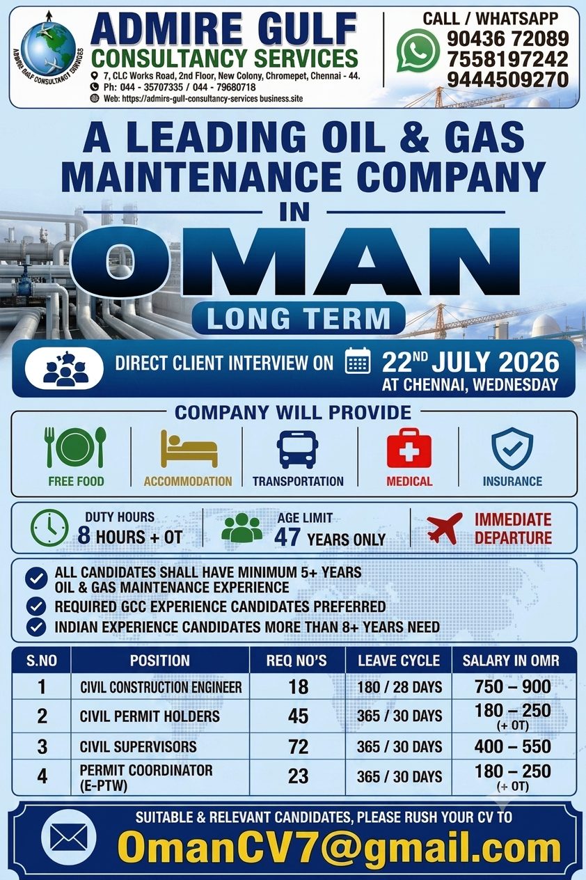 Oil & Gas Maintenance Company - Long Term Positions in Oman — admire gulf consultancy services, Oman, Oman