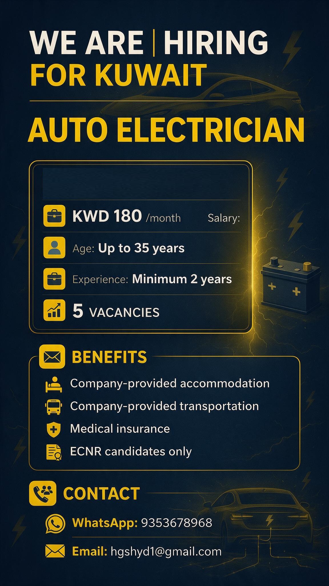 HIRING AUTO ELECTRICIANS FOR KUWAIT