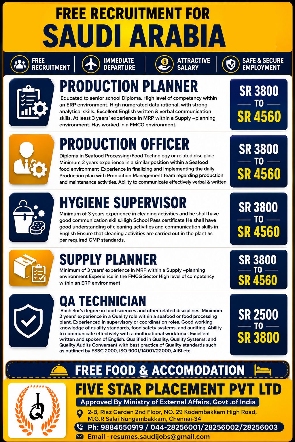 FREE REQUIREMENT FOR KSA — Five Star Placement Pvt Ltd, SAUDI ARABIA, SAUDI ARABIA