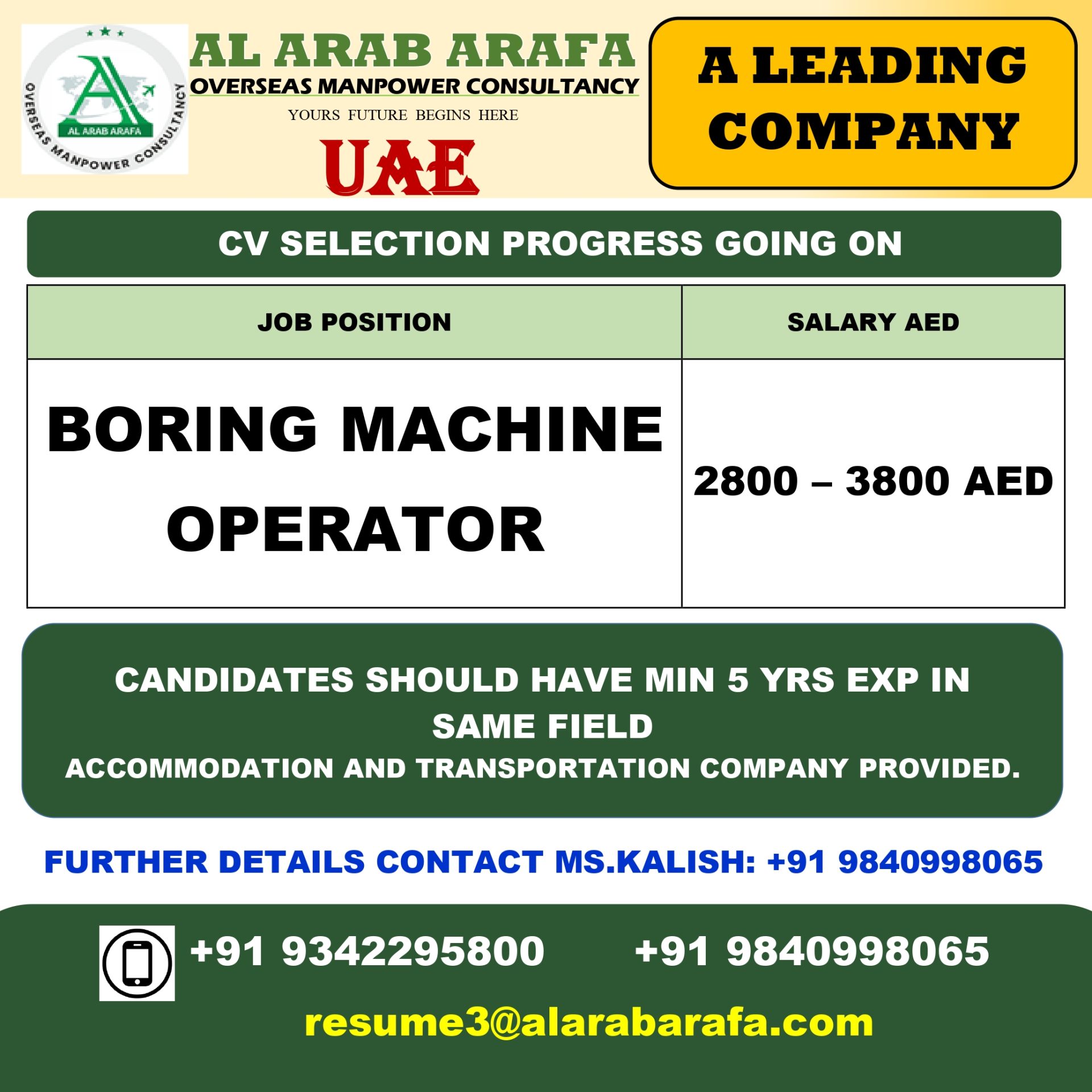 MACHINE OPERATOR — Al Arab Arafa Consultancy Pvt LTD, UAE