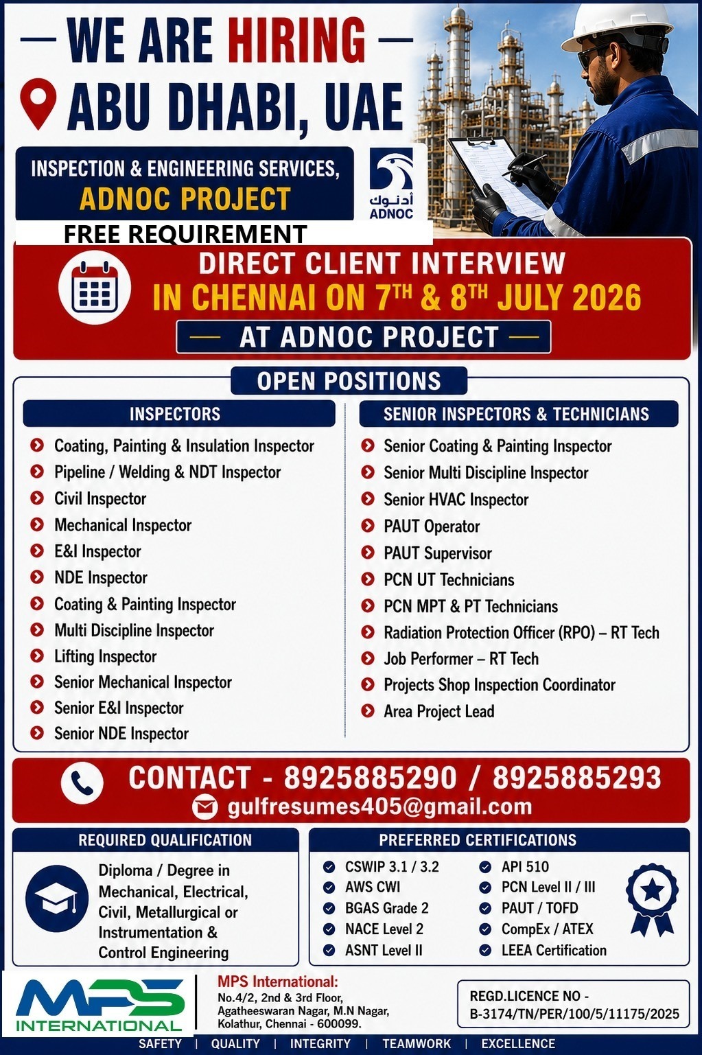 Inspection & Engineering Services - ADNOC Project — MPS INTERNATIONAL, United Arab Emirates, United Arab Emirates