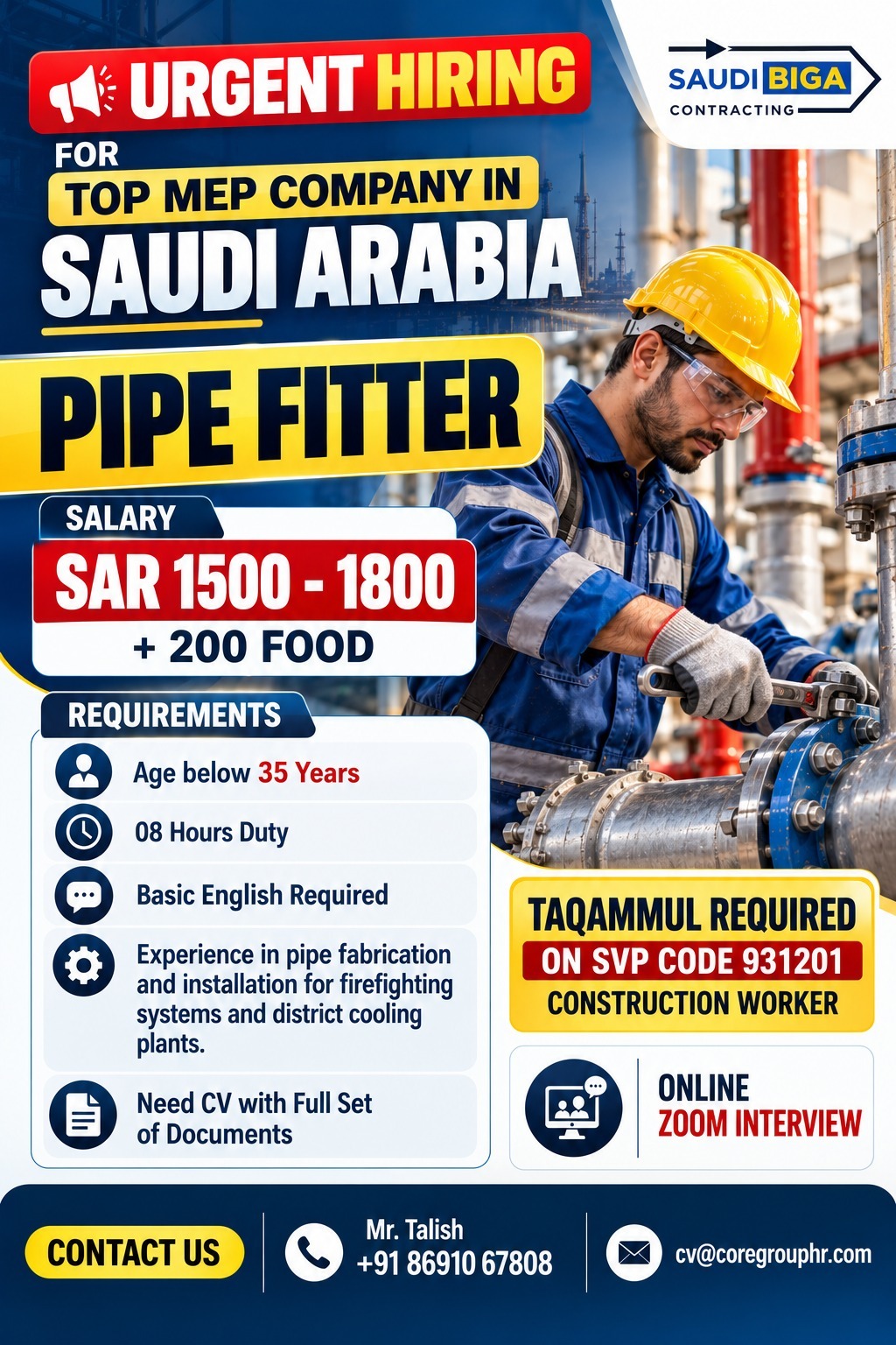 URGENT HIRING FOR "SAUDI BIGA CONTRACTING" COMPANY IN SAUDI ARABIA