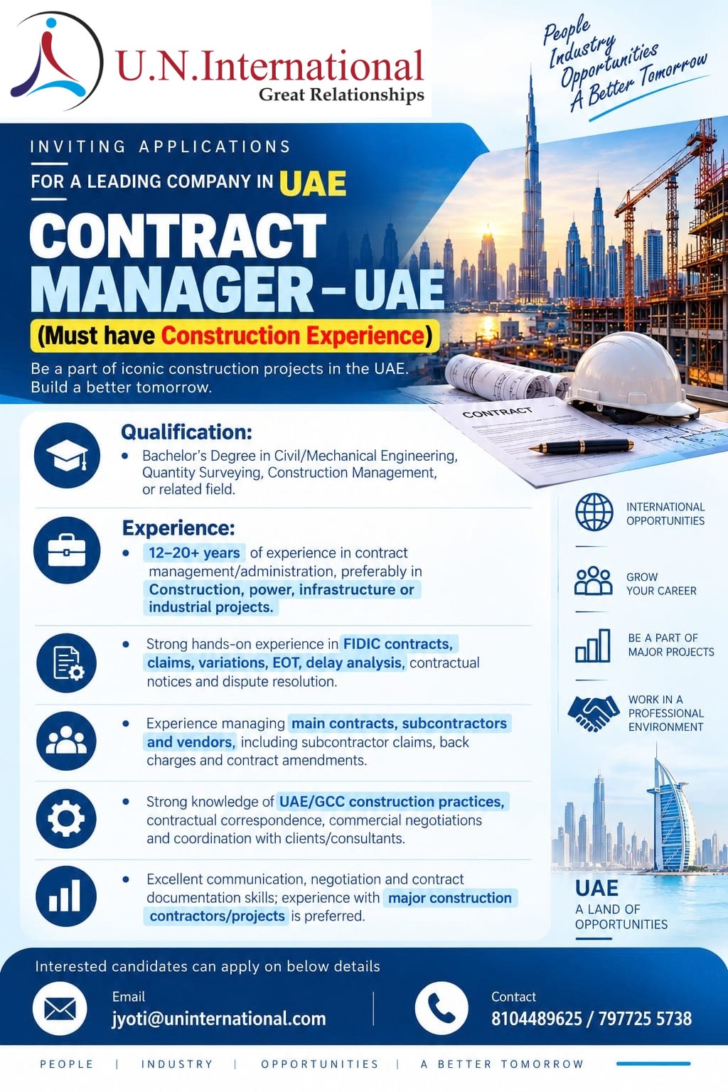 Urgent requirement for UAE for Contract Manager — U N International, SAUDI ARABIA, SAUDI ARABIA