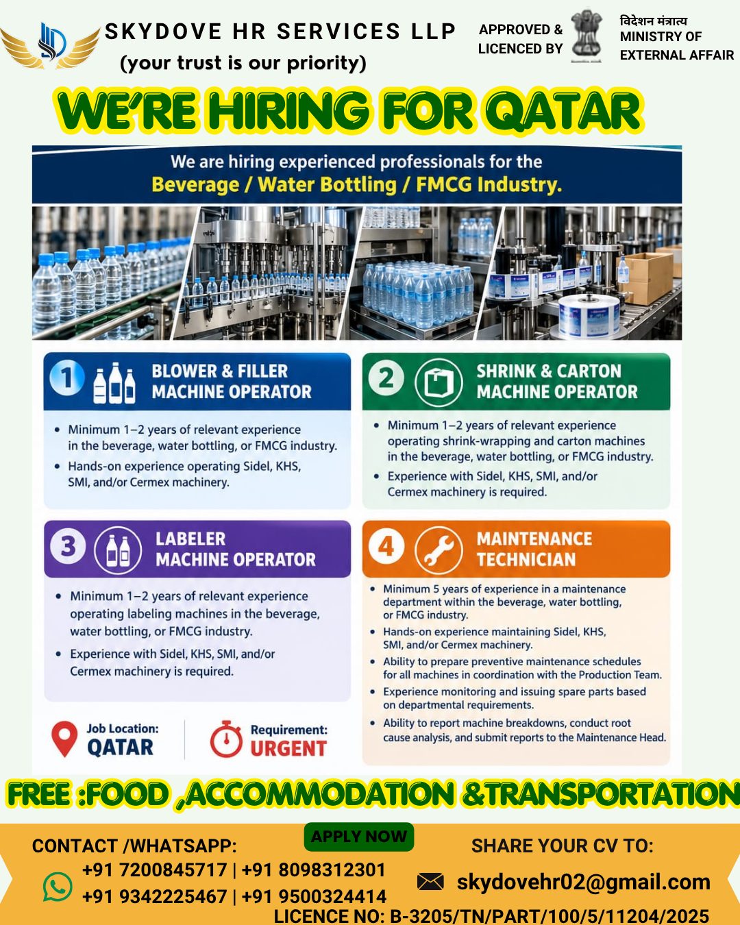 BEVERAGE VACANCY — SKY DOVE HR SERVICES LLP, Qatar