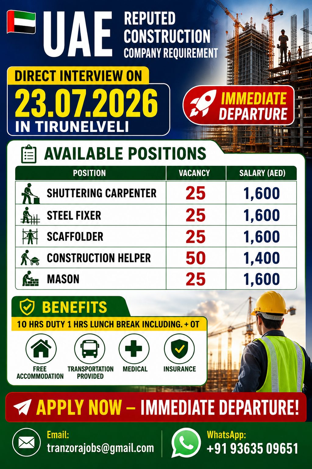 Shuttering Carpenter	25	1,600 Steel Fixer	25	1,600 Scaffolder	25	1,600 Construction Helper	50	1,400 Mason	25	1,600 — selvakumar, UAE