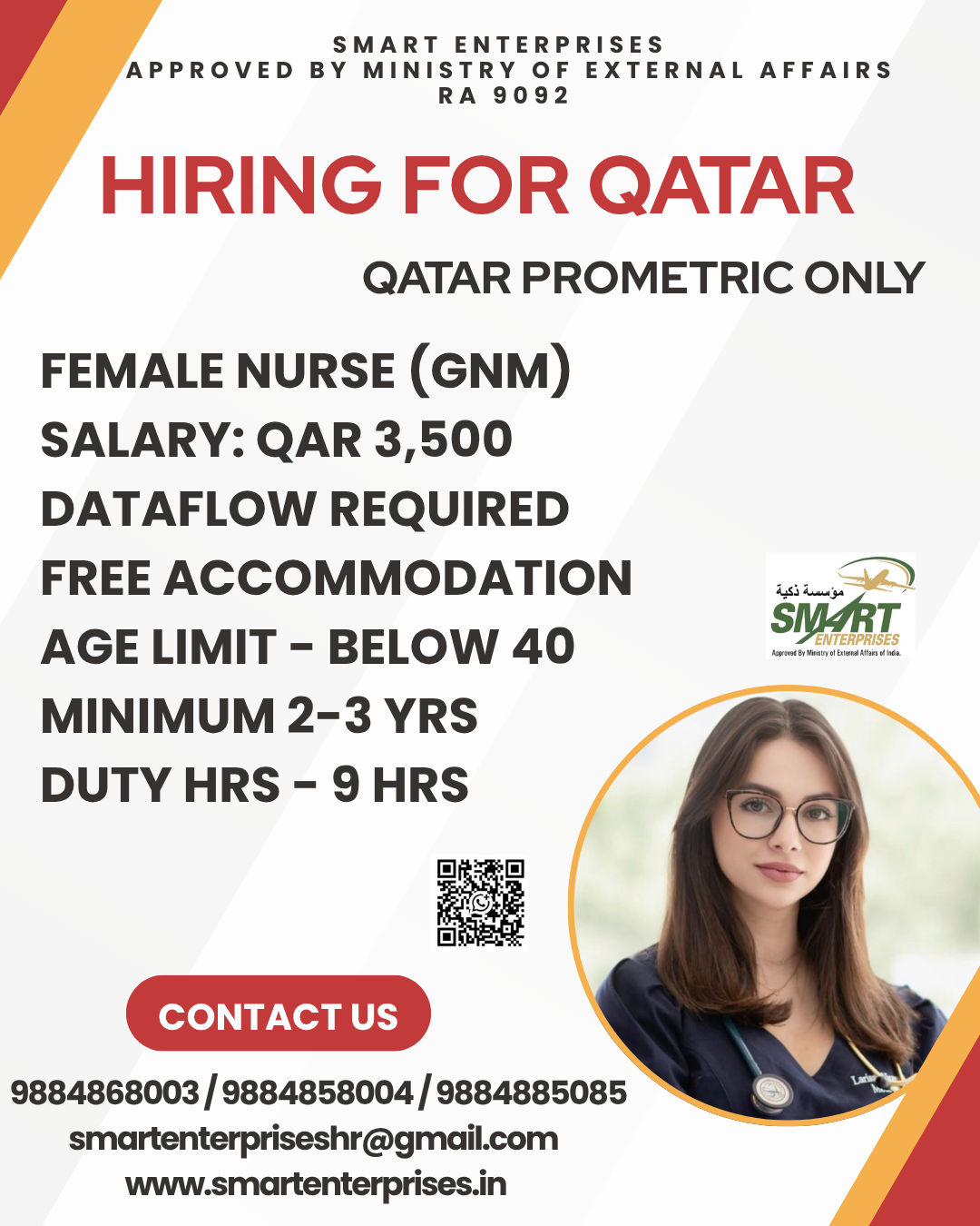 Female Nurse (GNM) — smartenterpriseshr@gmail.com, QATAR, QATAR