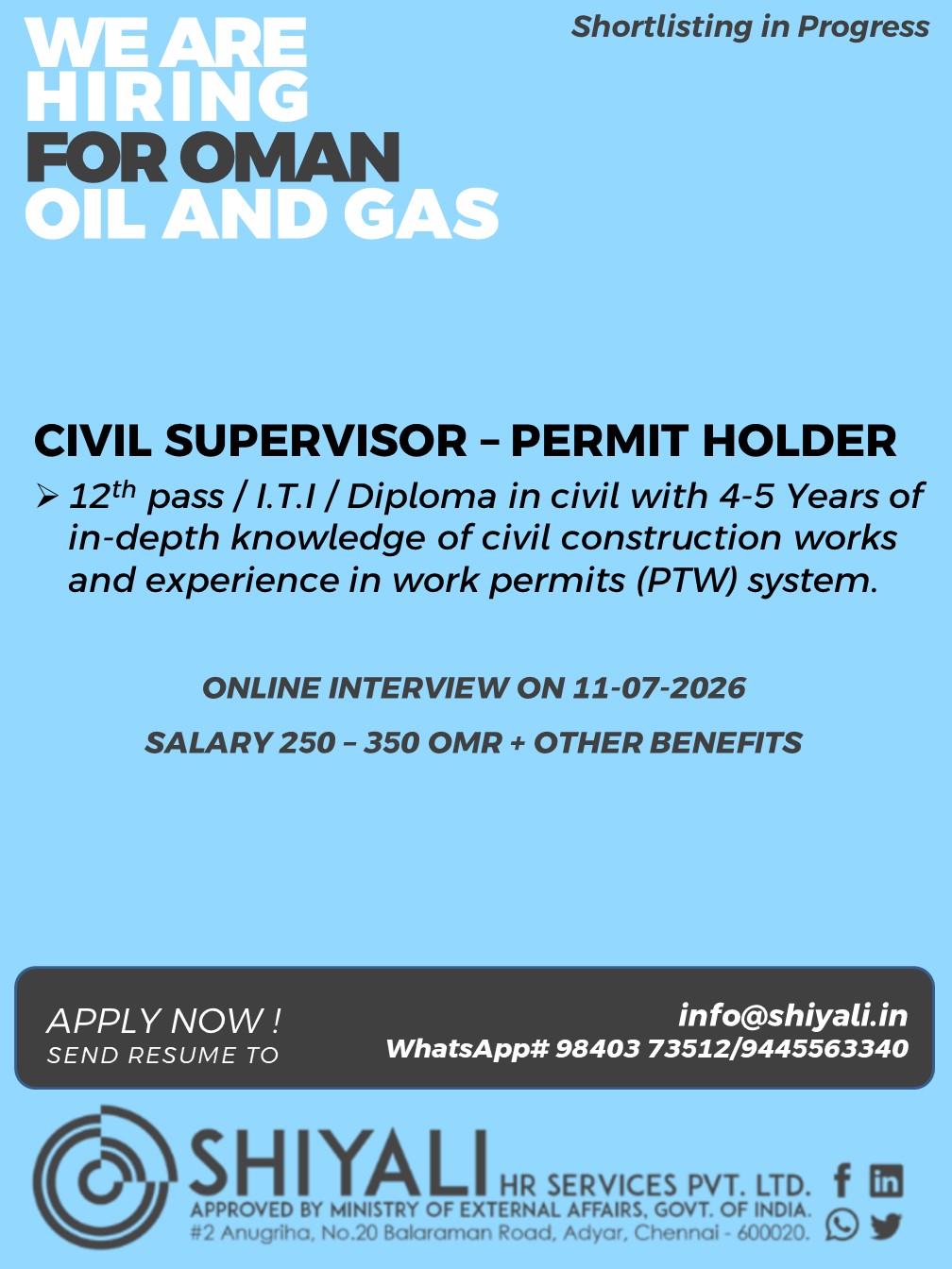 Civil Supervisor - Permit Holder — SHIYALI HR SERVICES, Oman, Oman