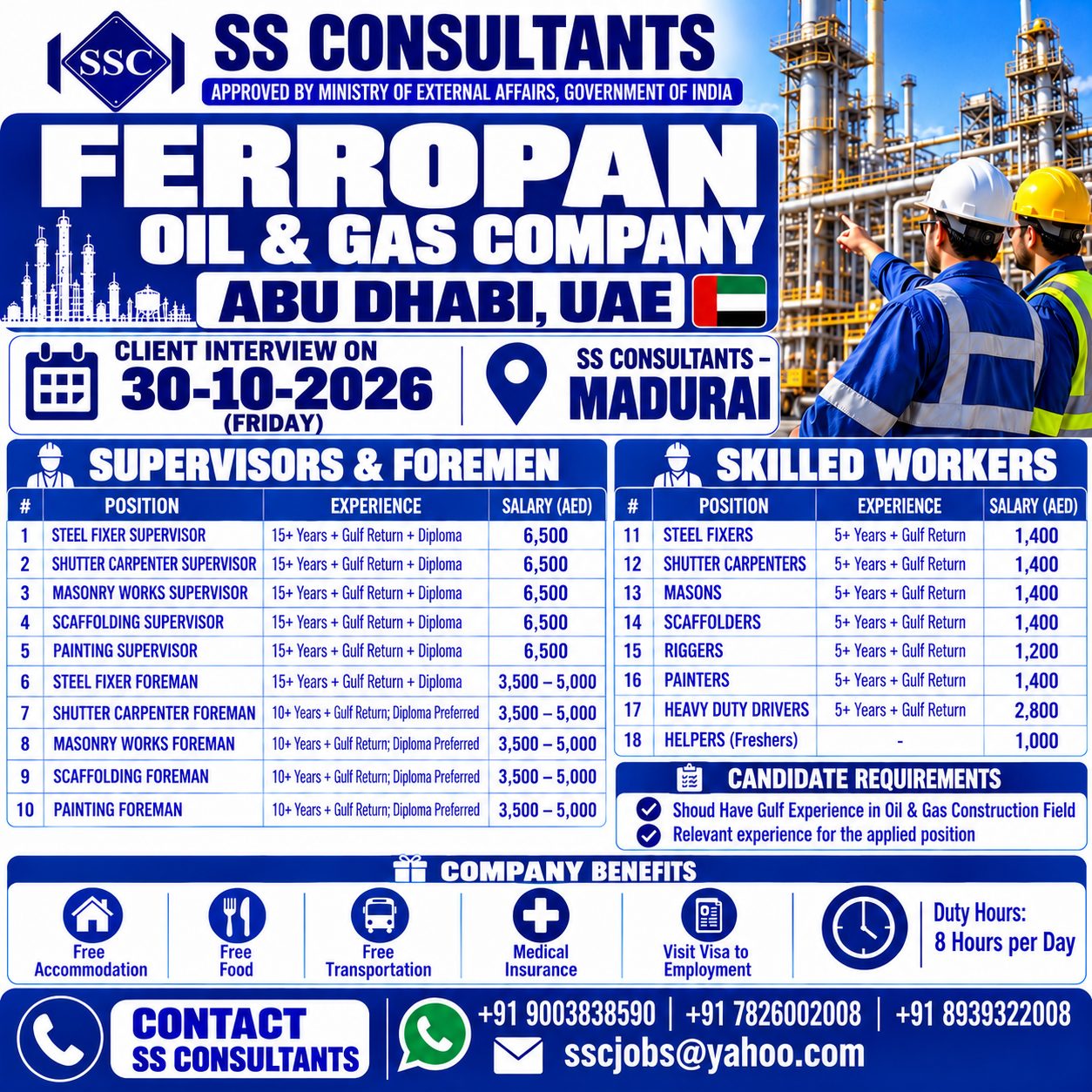 Urgent Oil & Gas Jobs in Abu Dhabi, UAE – 18 Vacancies for Supervisors, Foremen, Skilled Workers & Drivers