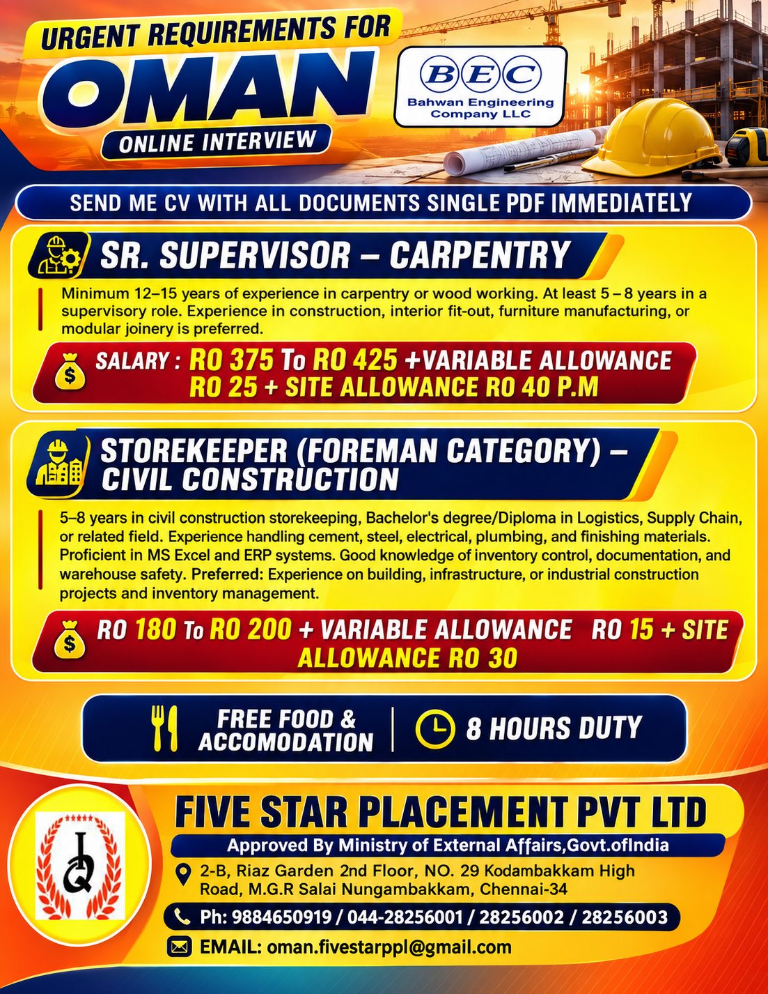 URGENT REQUIREMENTS FOR OMAN - BAHWAN  ENGINEERING ONLINE INTERVIEW