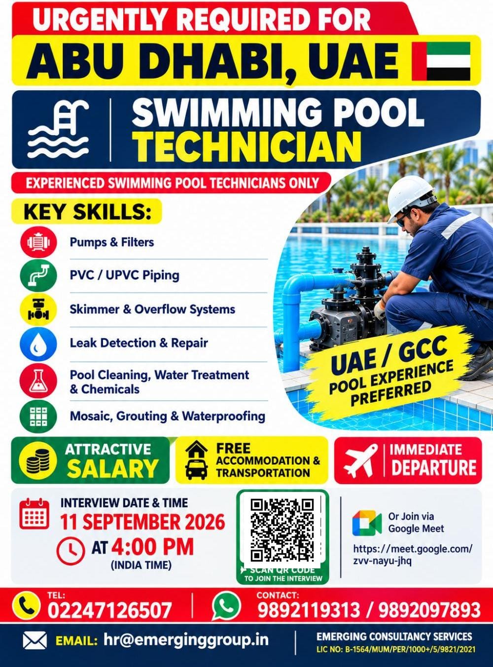 ONLINE INTERVIEW TODAY (11-SEP-2026) AT 4 pm  – Swimming Pool Technician