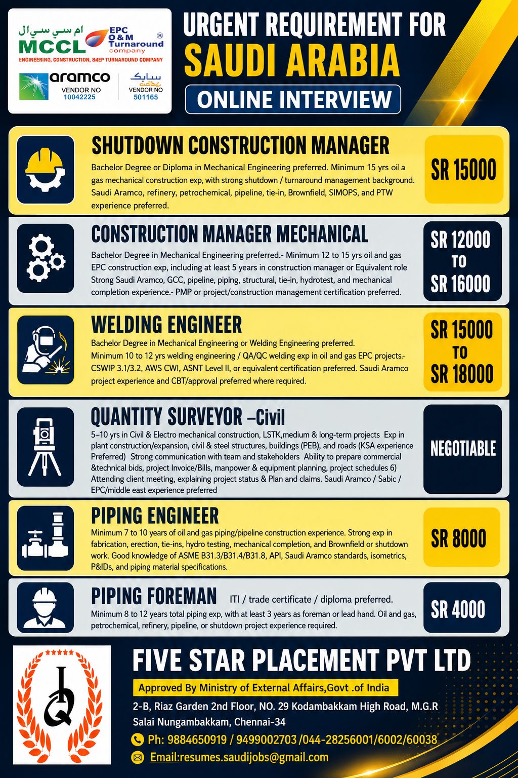 URGENTLY REQUIRED FOR SAUDI ARABIA - MCCL
