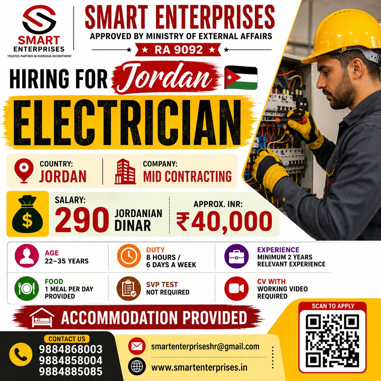 HIRING FOR ELECTRICIAN JORDAN — smartenterpriseshr@gmail.com, JORDAN, JORDAN