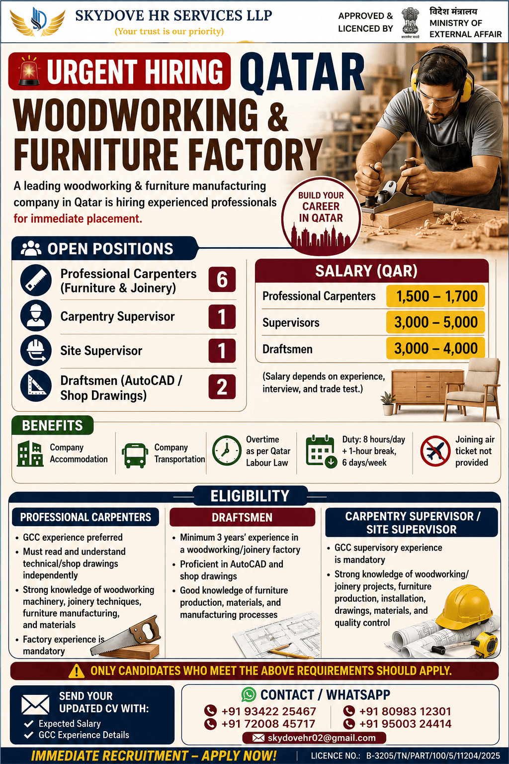 woodworker & Furniture Factory — SKY DOVE HR SERVICES LLP, Qatar, Qatar