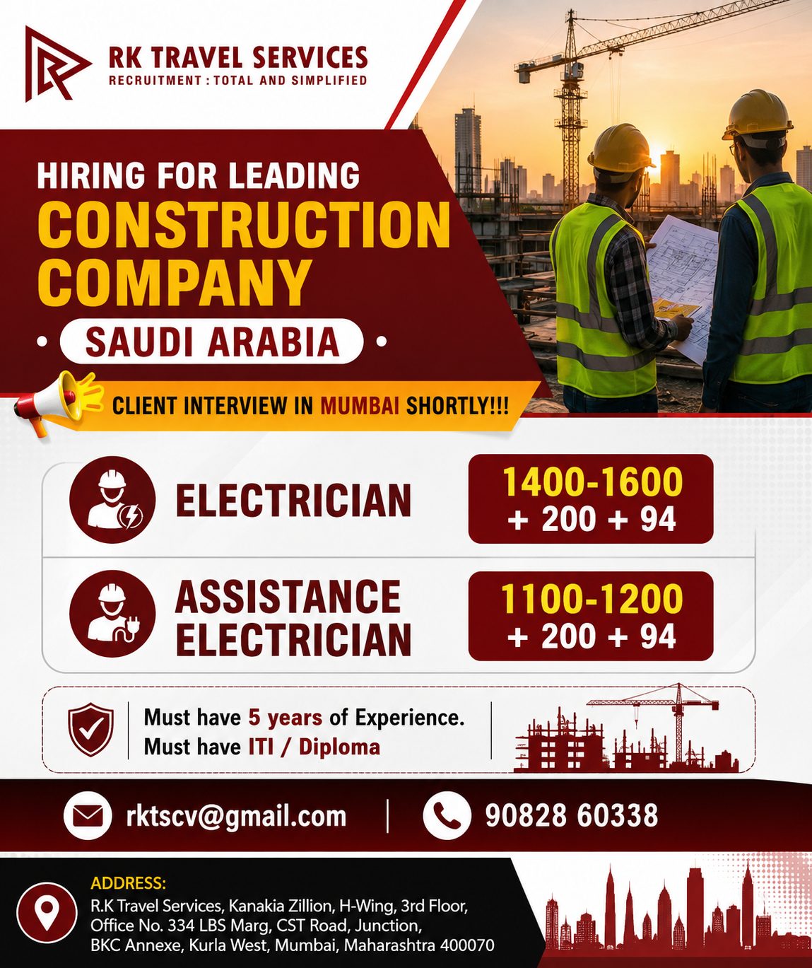 HIRING FOR LEADING CONSTRUCTION COMPANY – SAUDI ARABIA