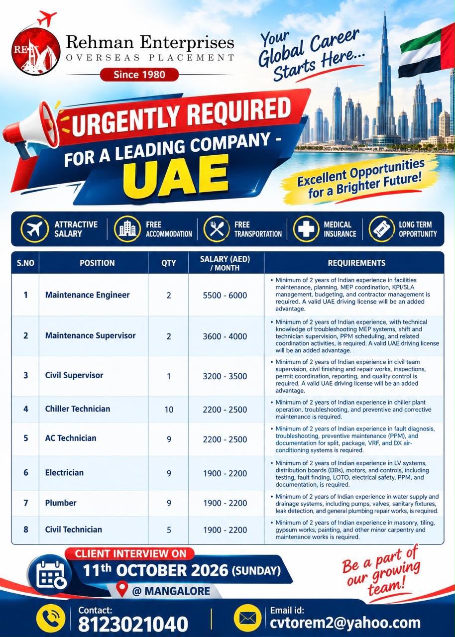 Urgently Required for Leading Company UAE
