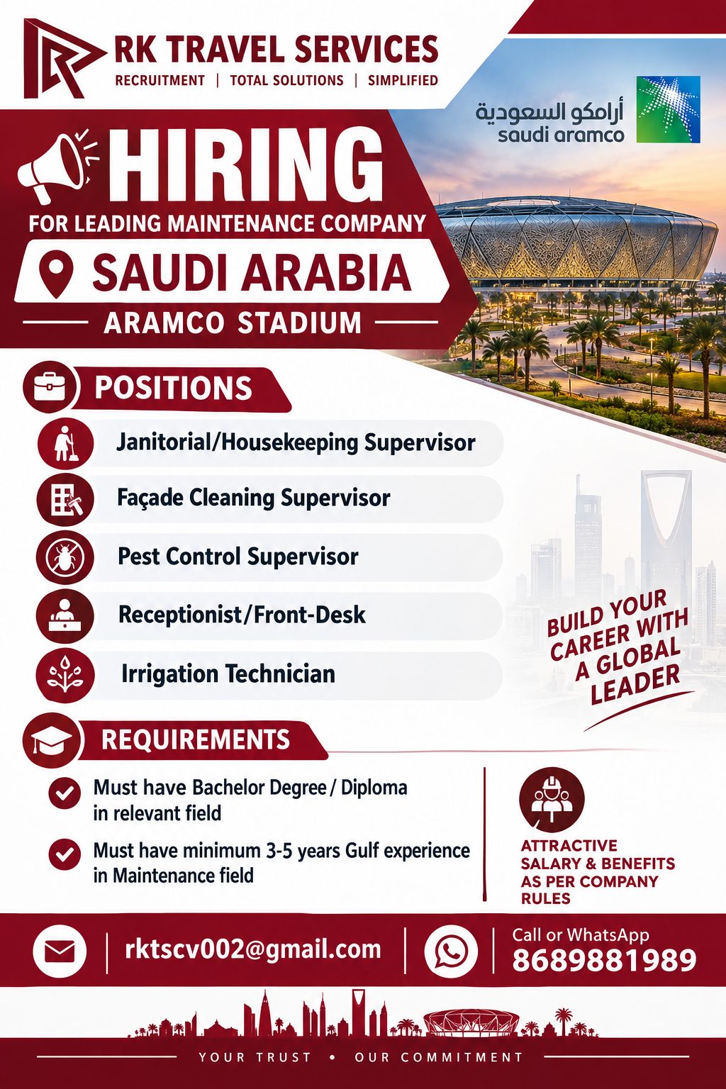 Hiring for Leading Maintenance Company - Aramco Stadium — RK Travel Services, Saudi Arabia