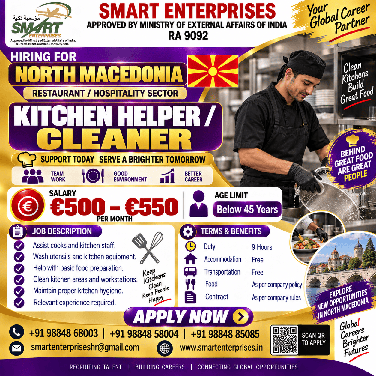 KITCHEN HELPER / CLEANER — smartenterpriseshr@gmail.com, North Macedonia