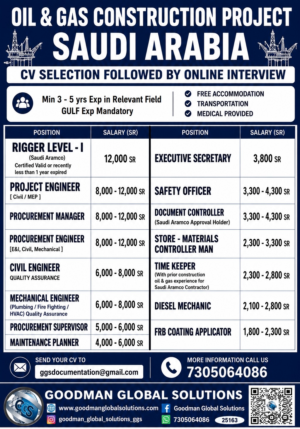 SAUDI ARABIA -  OIL & GAS CONSTRUCTION PROJECT - LONG TERM CV  SELECTION FOLLOWED BY ONLINE INTERVIEW — GOODMAN GLOBAL SOLUTIONS, SAUDI AARBIA, SAUDI AARBIA