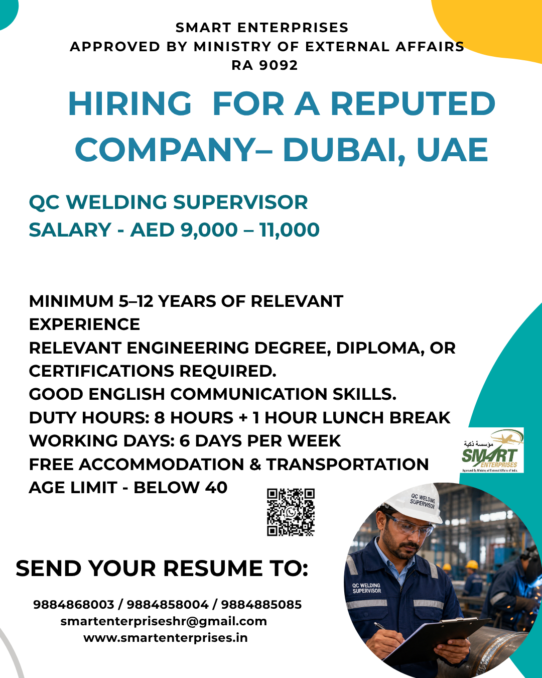 QC Welding Supervisor — smartenterpriseshr@gmail.com, UAE, UAE