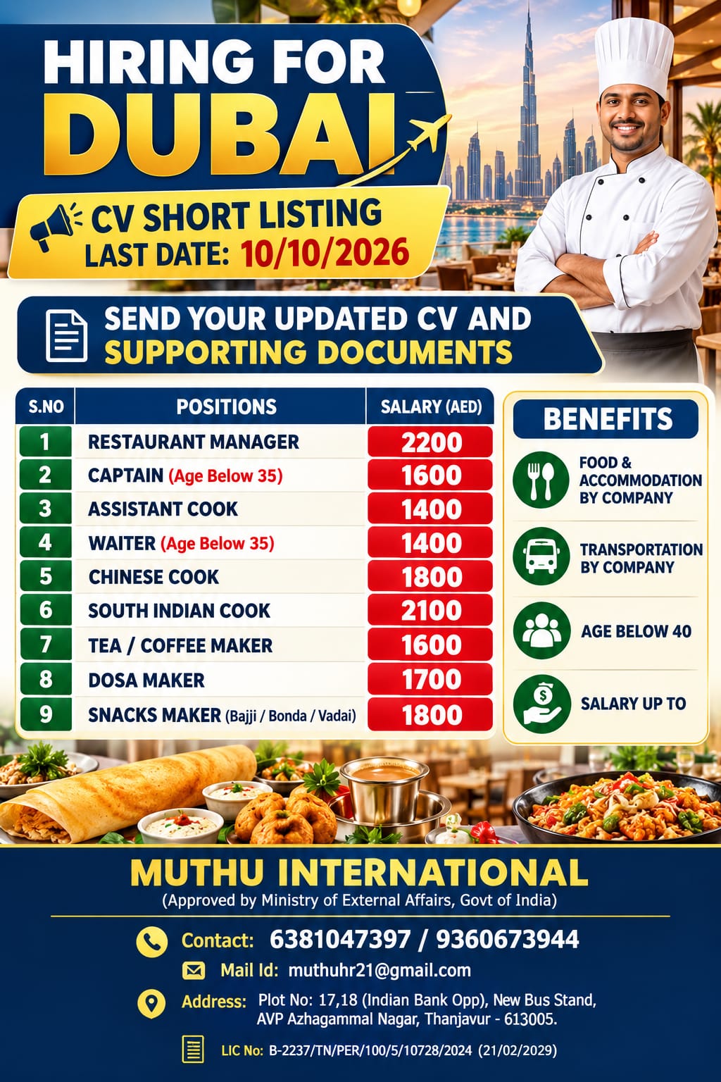 Hiring for Dubai - Multiple Culinary and Hospitality Positions