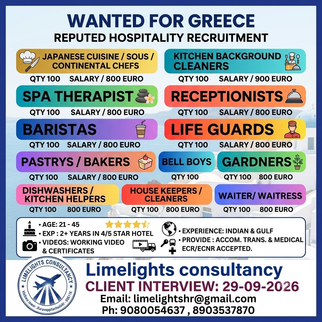 Reputed Hospitality Recruitment for Greece