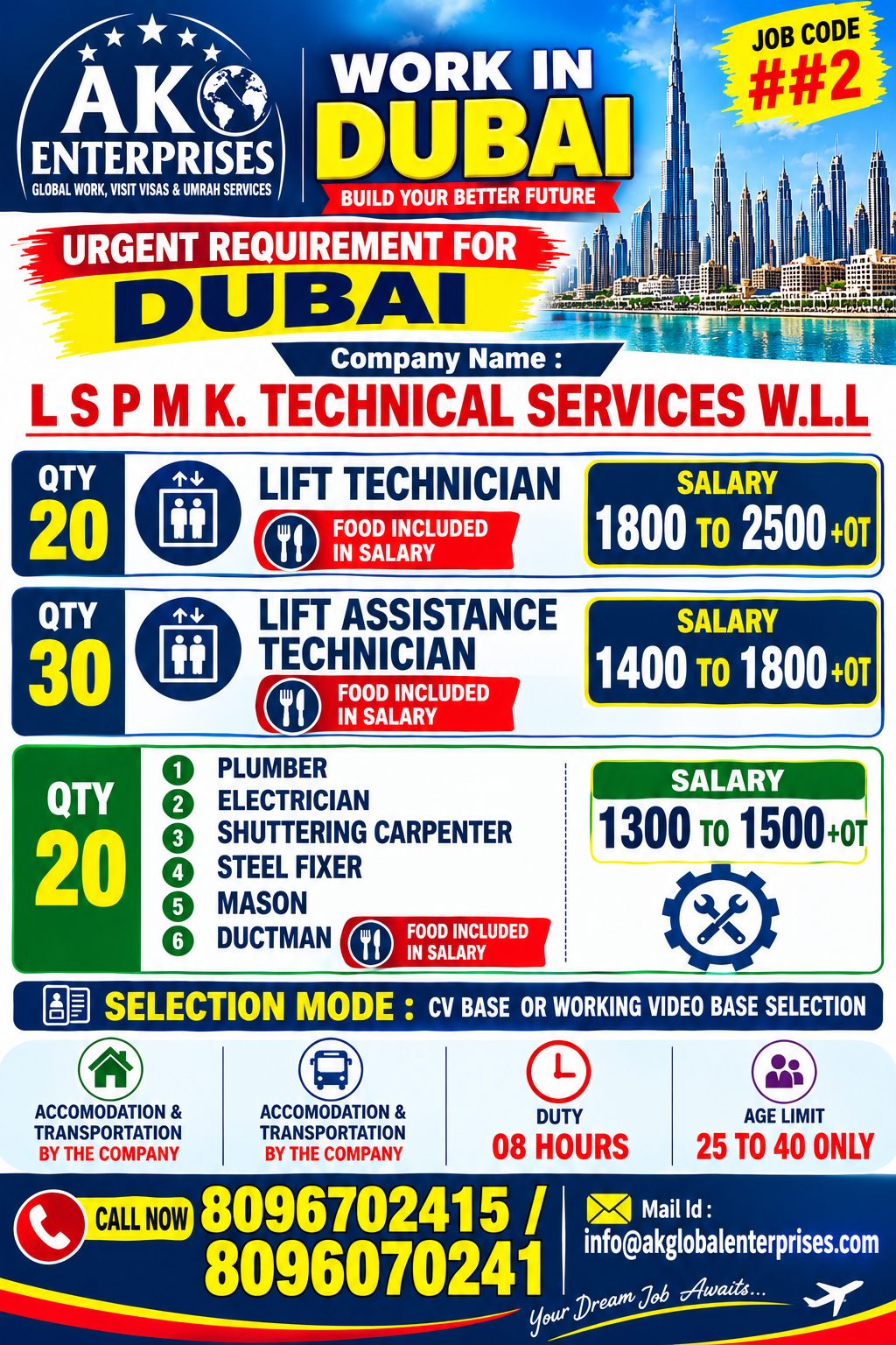 Location: Dubai, UAE Company: L S P M K. Technical Services W.L.L.- Multiples vacancies