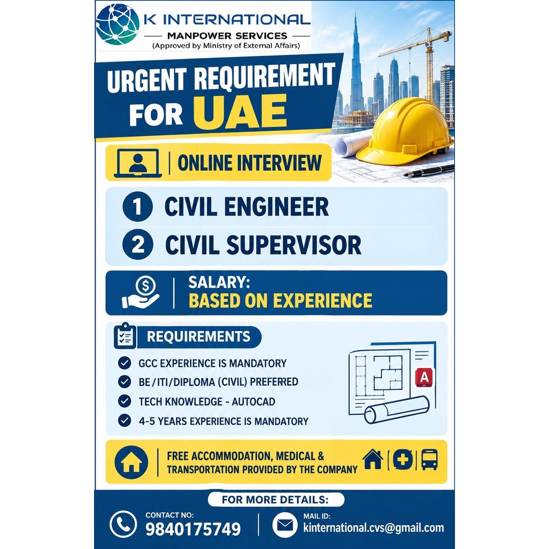 Urgent Requirement for UAE-CIVIL (ENGINEER / SUPERVISOR)