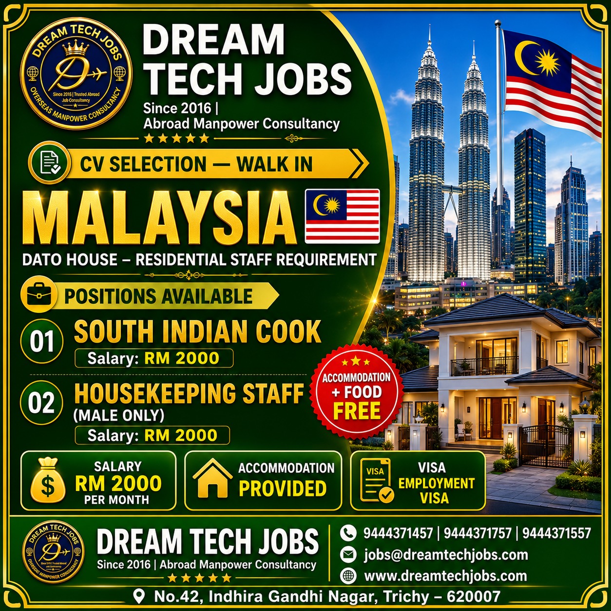 Dato House - Residential Staff Requirement — Dream Tech Jobs - Trichy, Malaysia, Malaysia