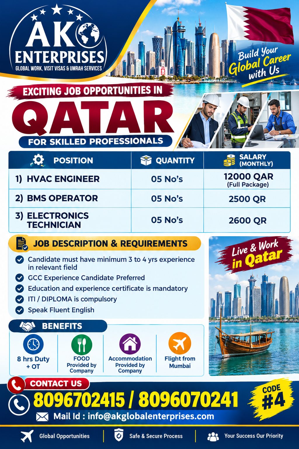 Qatar Job Vacancy – 🇶🇦 Location: Qatar  Positions: HVAC Engineer  BMS Operator . Electronics Technician GCC Expeirience & Muslim Candidate — AK ENTERPRISES, Qatar