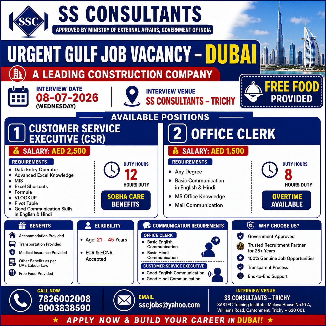 Urgent Gulf Job Vacancy - Dubai — SS Consultants, Madurai, United Arab Emirates, United Arab Emirates