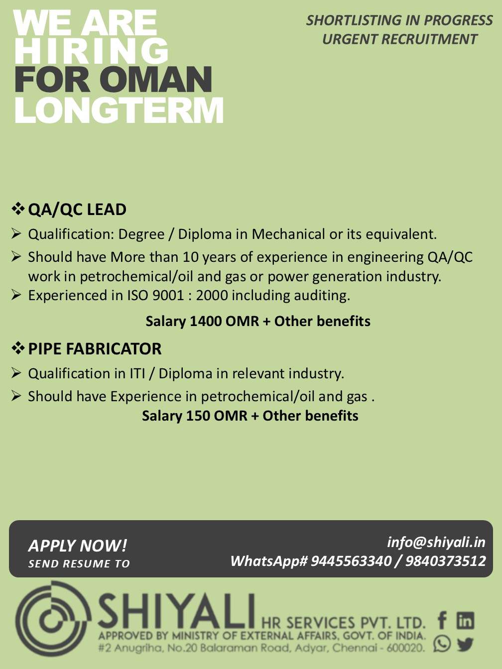 Urgent Recruitment for Oman Long Term — SHIYALI HR SERVICES, Oman, Oman