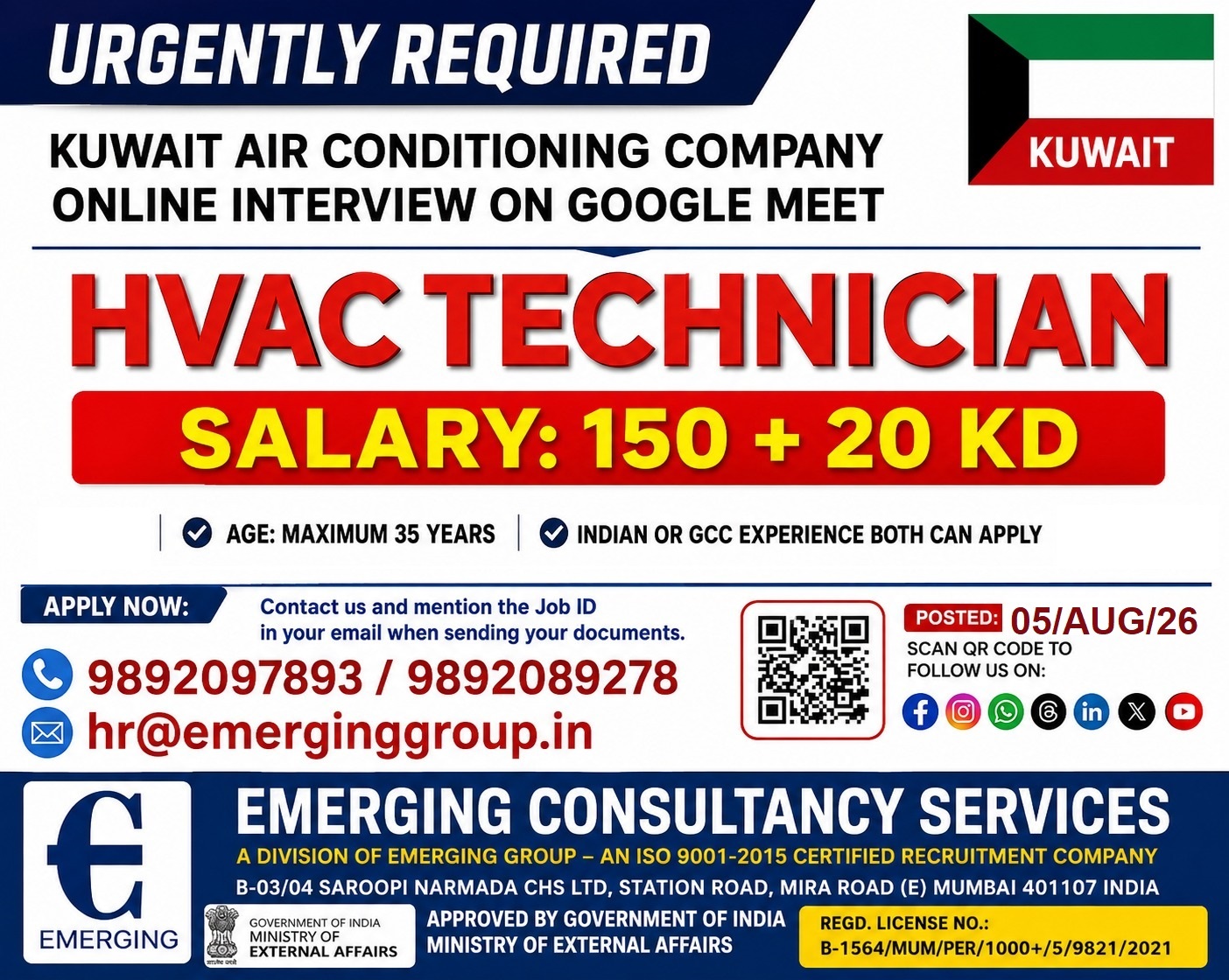 URGENTLY REQUIRED HVAC TECHNICIAN FOR KUWAIT