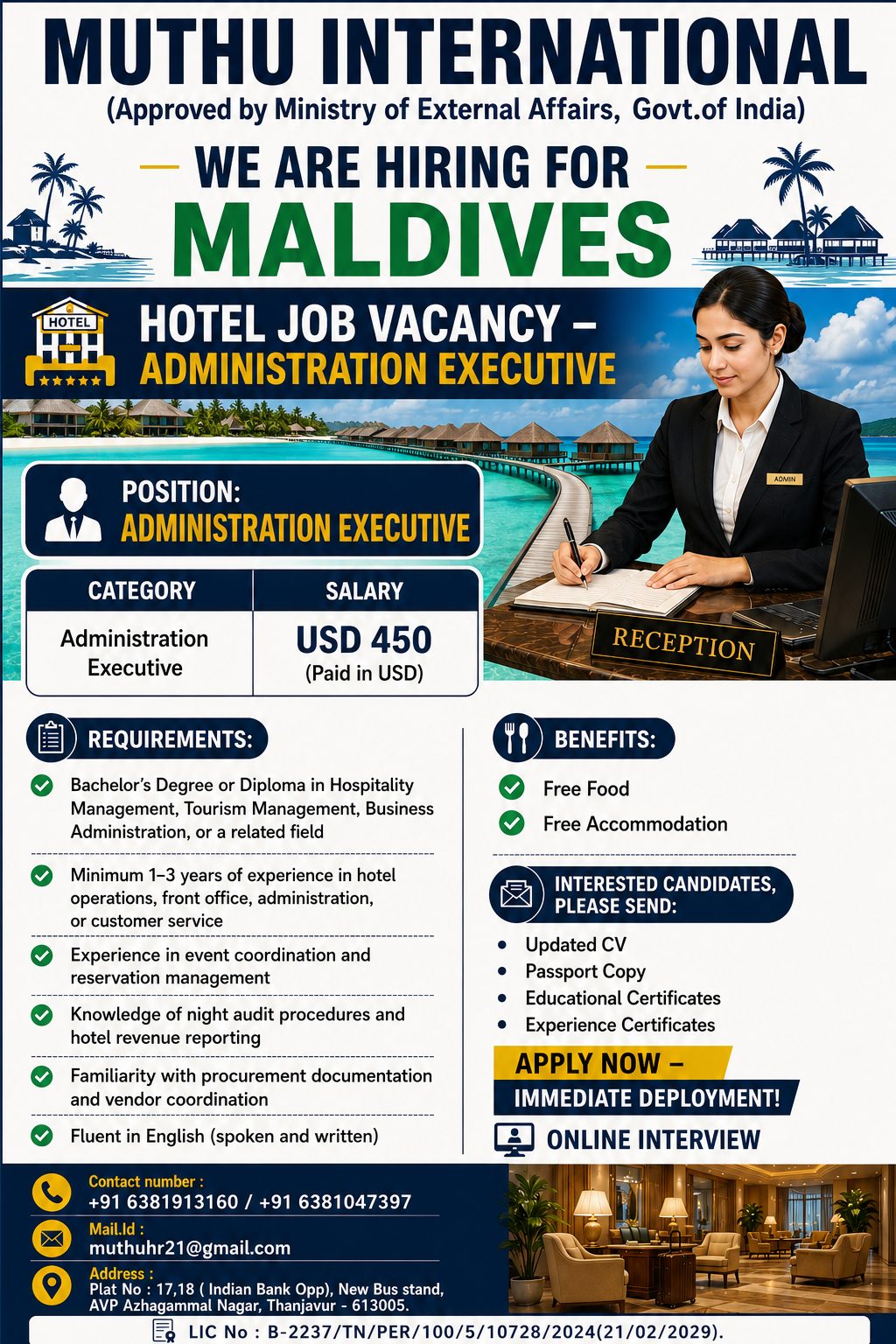 Administration executive — MUTHU INTERNATIONAL, Maldives, Maldives