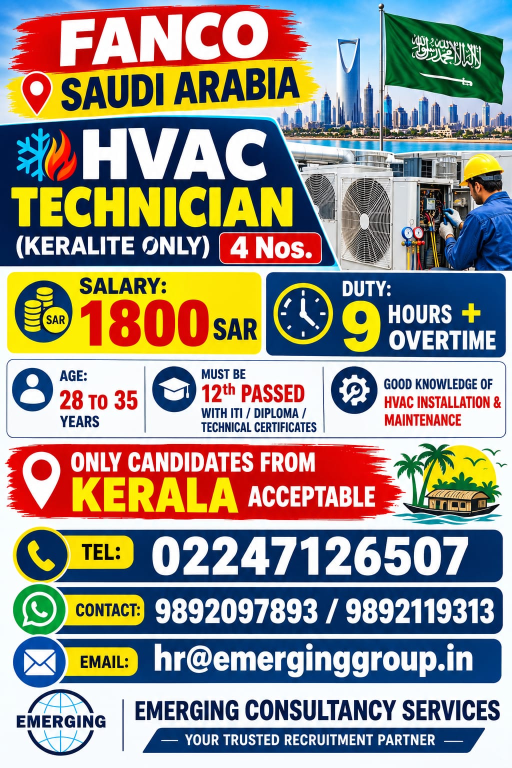 Urgently Required for Saudi Arabia – HVAC Technician (Keralite Only)