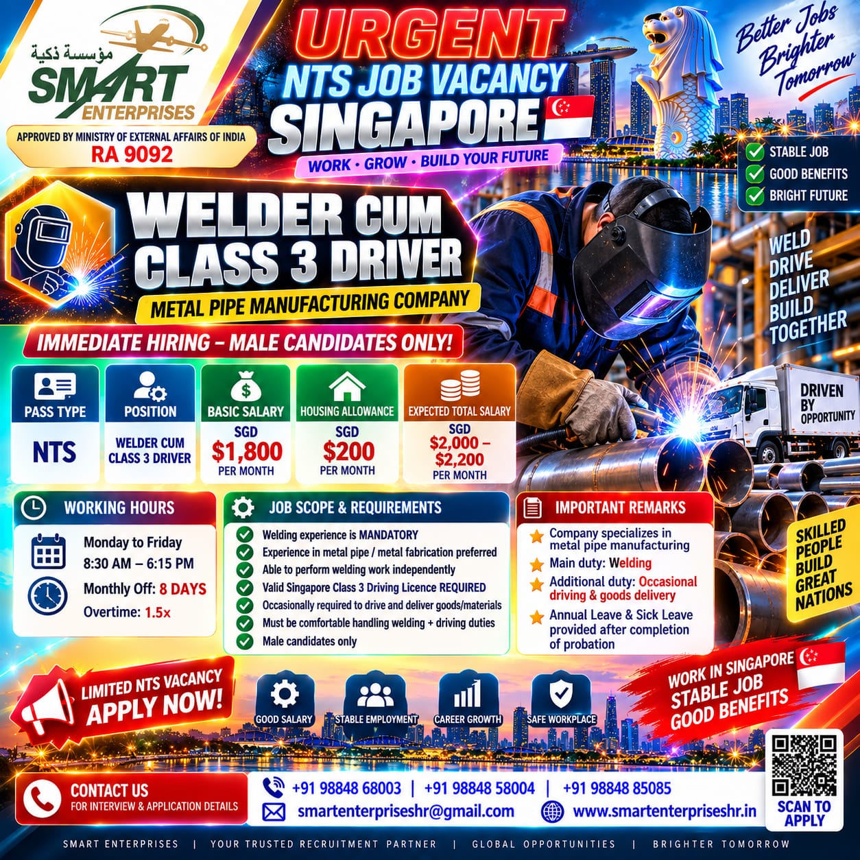 Welder Cum Class 3 Driver — smartenterpriseshr@gmail.com, SINGAPORE