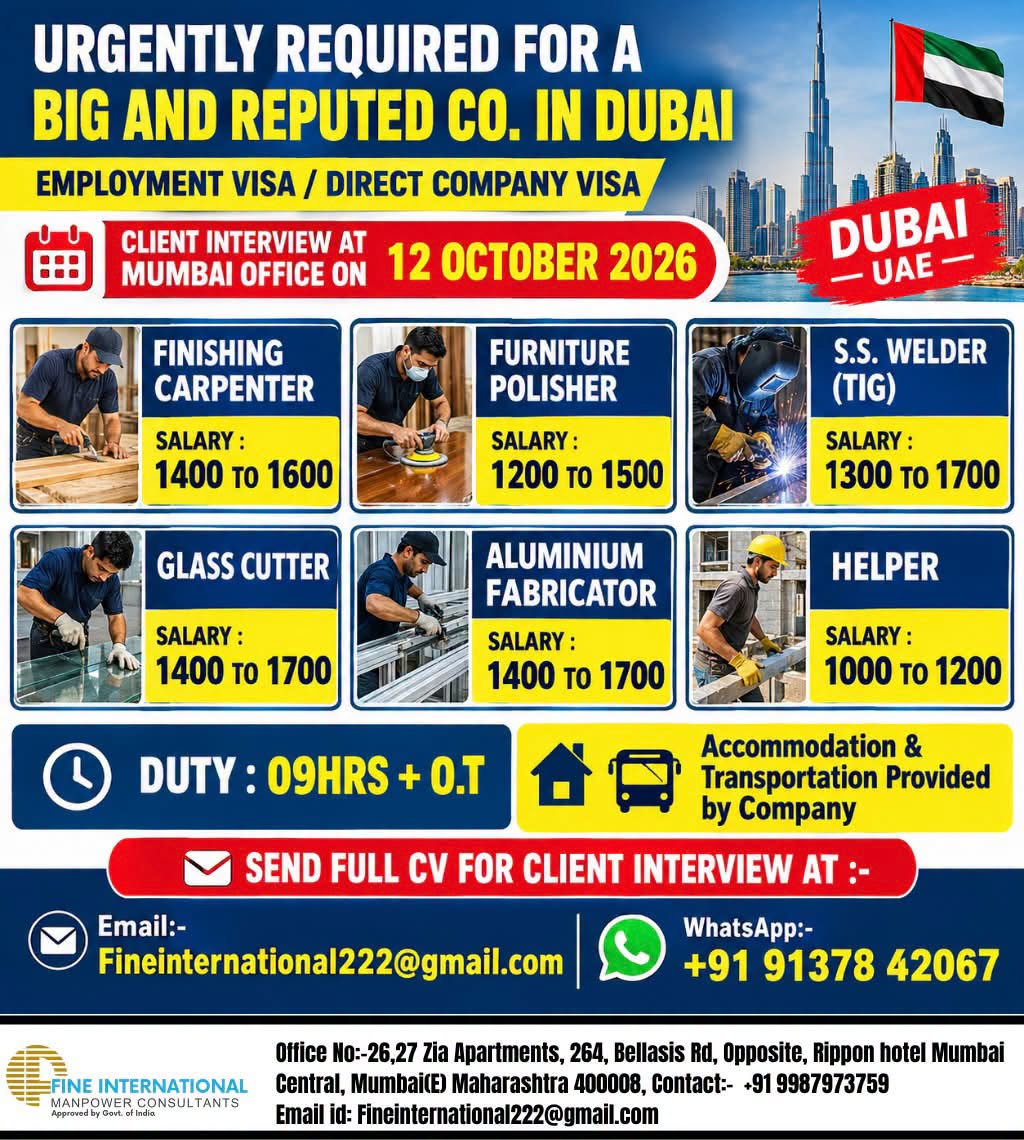 Multiple Skilled Workers Required for Dubai — FINE INTERNATIONAL MANPOWER, United Arab Emirates, United Arab Emirates