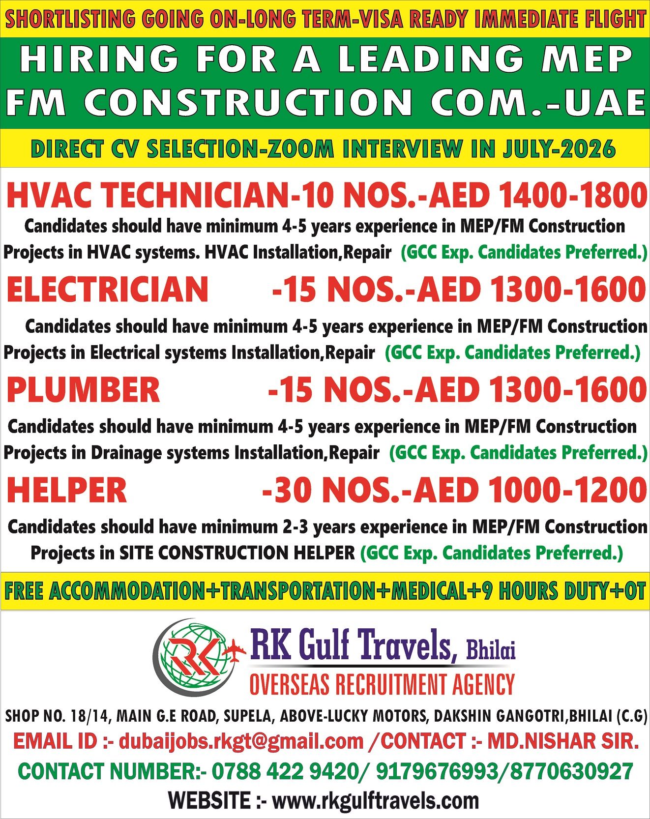 URGENTLY REQUIRED FOR A LEADING CONSTRUCTION COMPANY - ABU DHABI — RK GULF TRAVELS,BHILAI, UAE, UAE