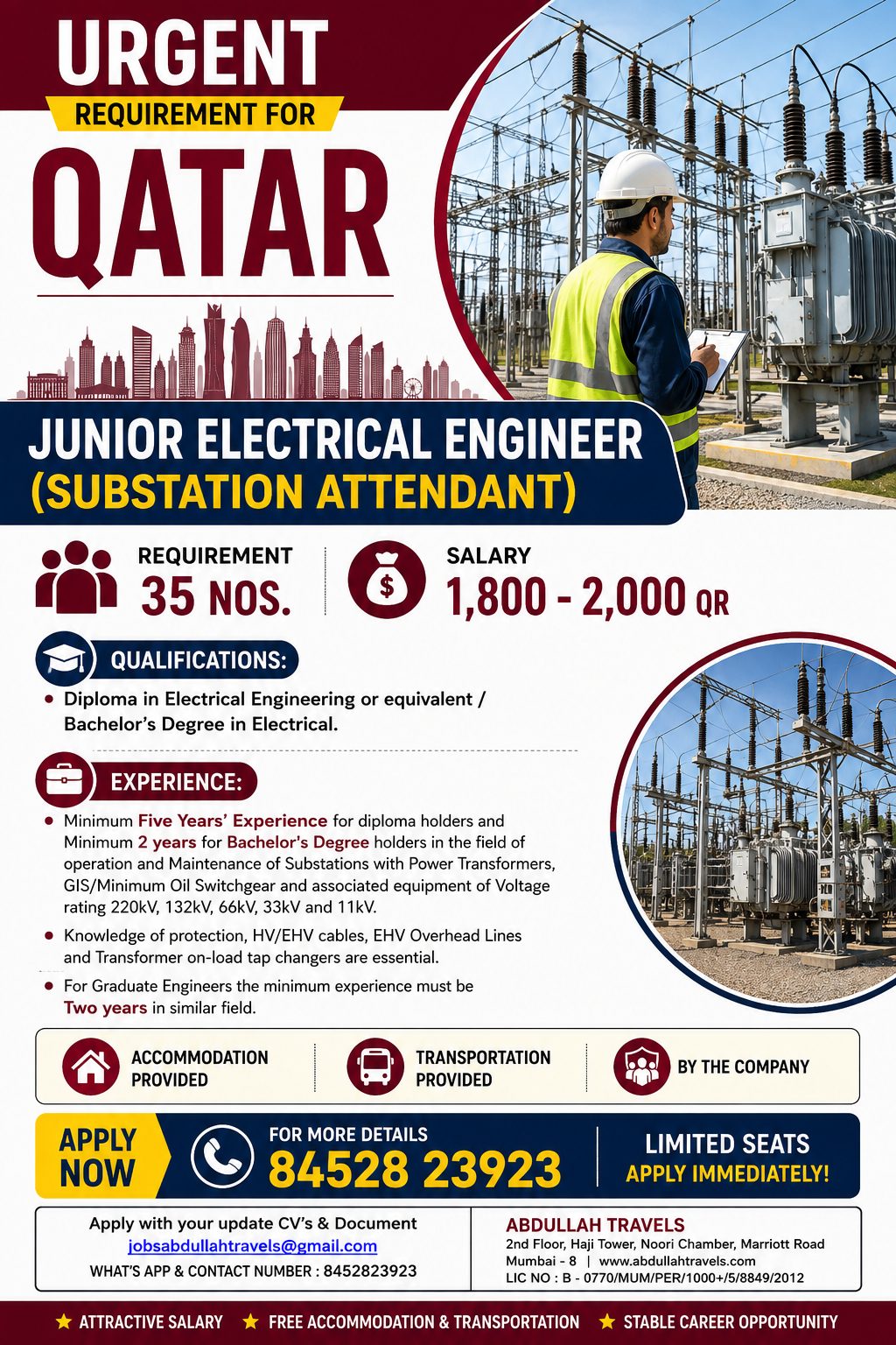 URGENT REQUIREMENT FOR QATAR (JUNIOR ELECTRICAL ENGINEER)