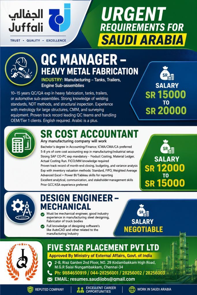 URGENT REQUIREMENTS FOR SAUDI ARABIA — Five Star Placement Pvt Ltd, SAUDI ARABIA, SAUDI ARABIA