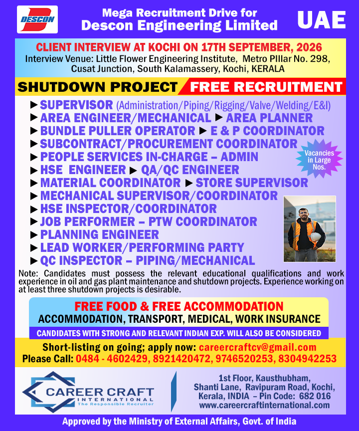 Descon Engineering Limited conducts a direct client interview at Kochi on 17th September, 2026 for their Shutdown Project - — CAREER CRAFT INTERNATIONAL, UAE, UAE