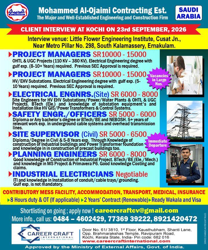 Client Interview at Kochi on 23rd September, 2026 for Al Ojaimi Group, Saudi Arabia -