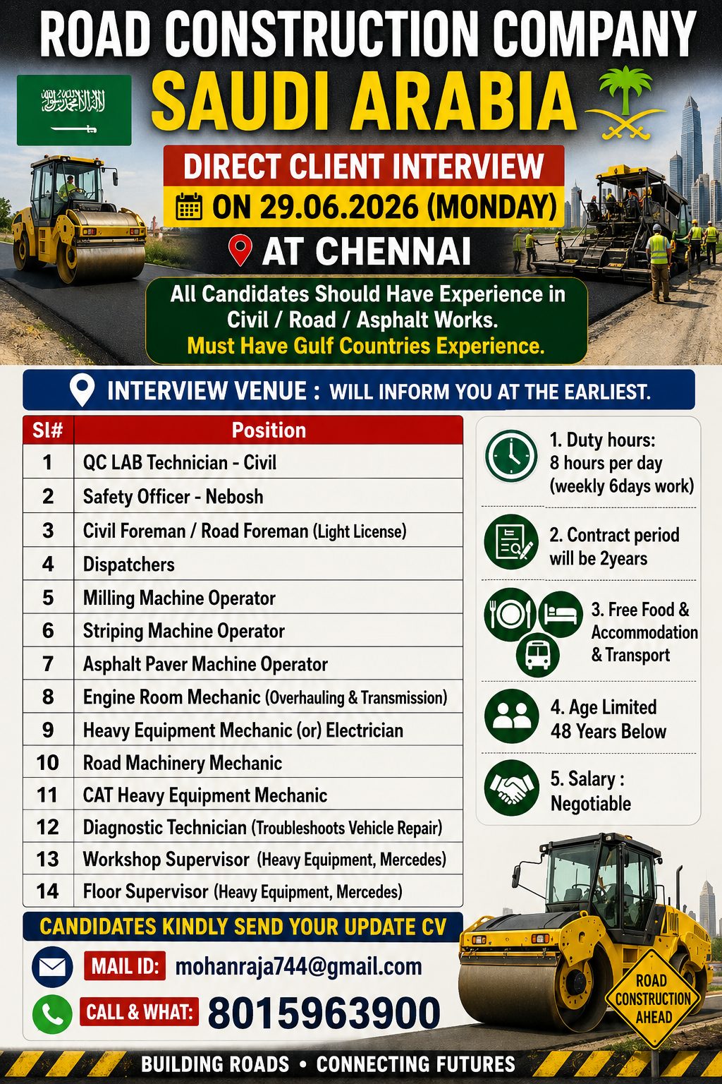 REQUIREMENTS FOR "ROAD CONSTRUCTION COMPANY” SAUDI ARABIA   -  DIRECT CLIENT INTERVIEW ON 29.06.2026 (MONDAY) AT CHENNAI