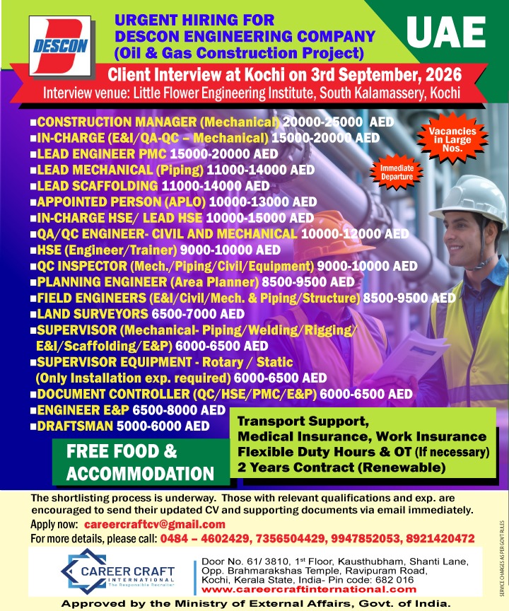 HIGHLY REPUTED DESCON ENGINEERING COMPANY CONDUCTS A DIRECT CLIENT INTERVIEW AT KOCHI ON 3RD SEPTEMBER, 2026 -